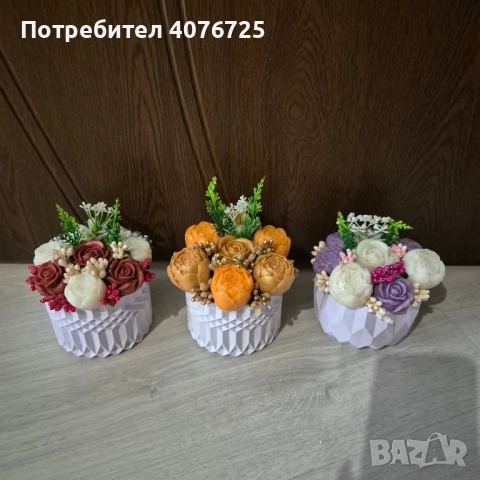 Керамични кашпи декурирани с ароматни сапунени цветя., снимка 4 - Декорация за дома - 51776207