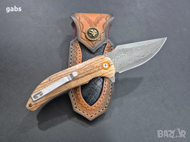 Сгъваем нож дамаска стомана с кожена кания,SD16, снимка 2 - Ножове - 52949472