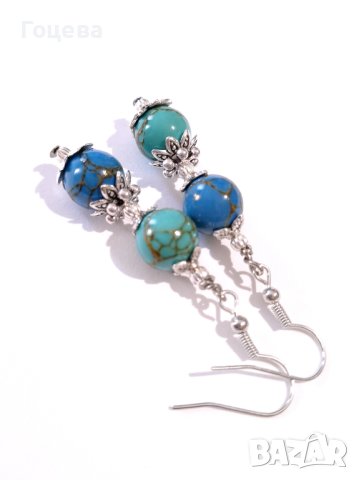 Красиви асиметрични обеци с редкия камък син и зелен Азурит и орнаменти цвят сребро , снимка 8 - Обеци - 41836423