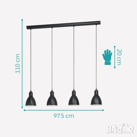 Eglo Priddy 4 Лампов Индустриален Пендел – Винтидж Дизайн, Метал, E27, Черно Бяло!, снимка 5 - Лампи за таван - 52696283
