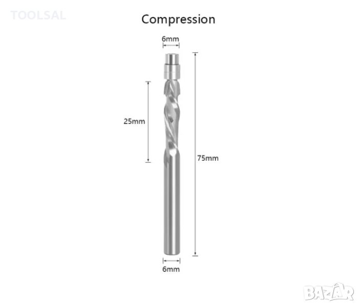 Фрезер за подравняване с лагер compression cut, ф 6х25/75 мм, ф 6 мм, снимка 1