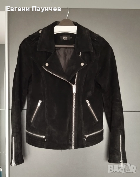 Only естествена кожа размер S дамско черно кожено яке в байкър стил, снимка 1