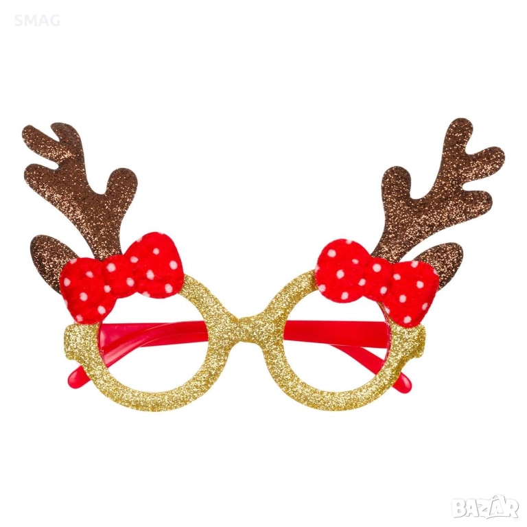 Коледни очила с еленски рога и червени панделки_1196929, снимка 1
