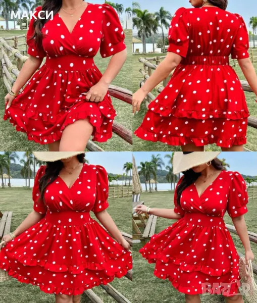 Макси красива ефирна рокля с V-образно деколте и къдрички в червено с бели точки, снимка 1