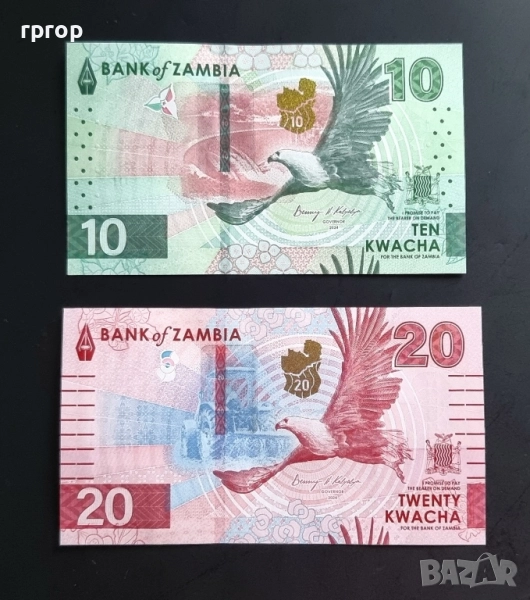 Замбия . 10 и 20 квача. 2024 година. Най новата серия. UNC. Цената е за двете банкнати., снимка 1