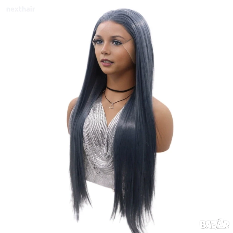 Модерна синьо-сива права перука - 80 см с лейс фронт 13×4, снимка 1