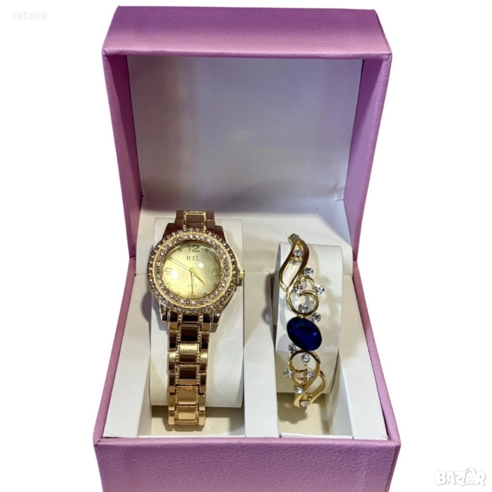 Луксозен дамски комплект – елегантен часовник и изискана гривна със скъпоценни камъни, снимка 1
