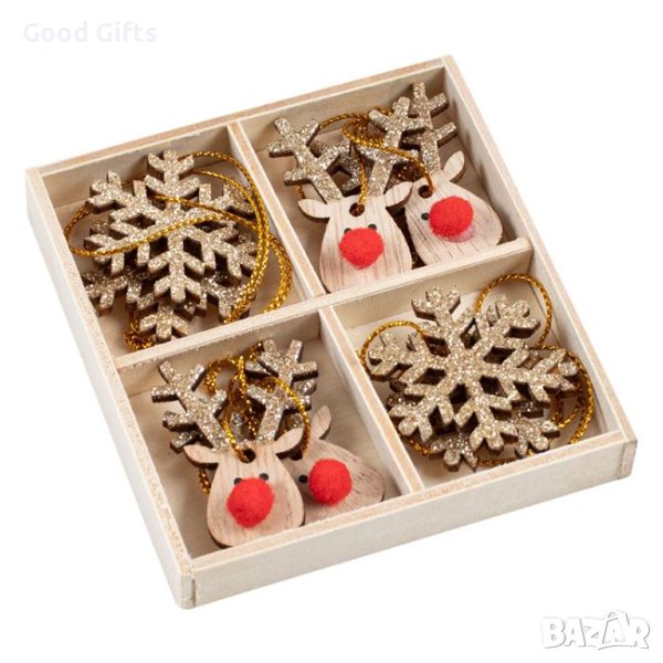 8 броя Комплект Дървени Снежинки и Елени с блясък, 4 см, снимка 1