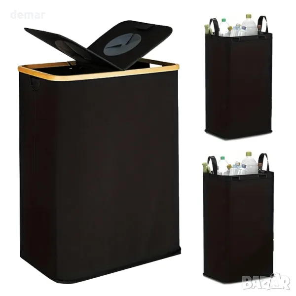 lulalula Кофа за рециклиране за кухня 140 л с капак и 2 подвижни вътрешни торби, черна, снимка 1