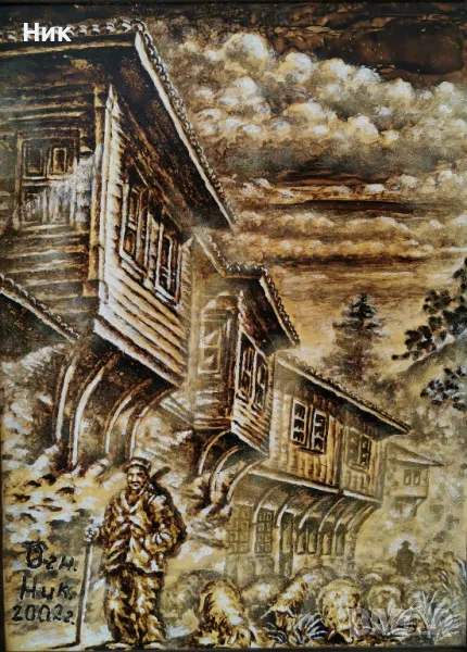 Картина върху платно Овчар с овце през стария град , снимка 1