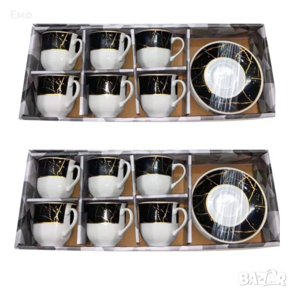 Комплект от 6 бр чаши и чинийки с мраморен ефект, снимка 1