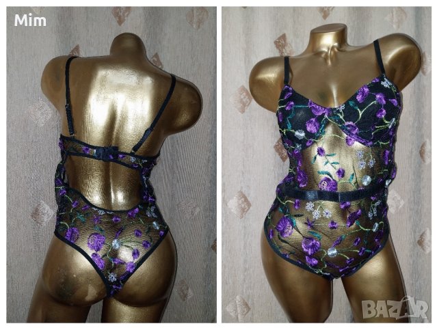 80 В  Черно ефирно боди с лилава бродерия , снимка 6 - Бельо - 42444357