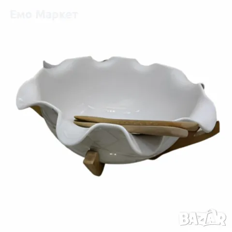 Керамична купа с дървена стойка и прибори за сервиране