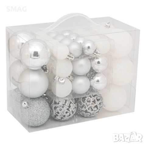 Комплект коледни топки сребристи и бели 3–6 см 50 бр._1184596