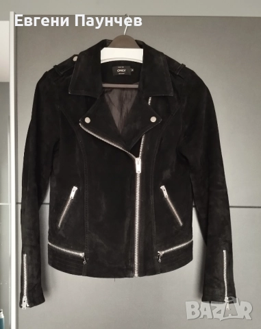 Only естествена кожа размер S дамско черно кожено яке в байкър стил