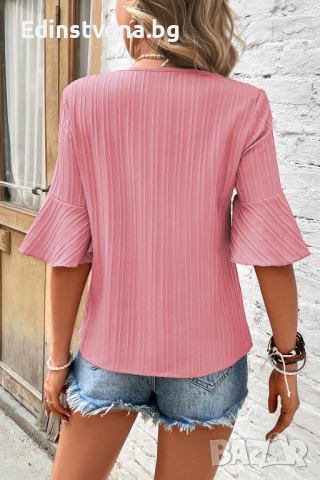 Дамска блуза в розов цвят, с широки ръкави и ефектна текстура, снимка 2 - Тениски - 44761653