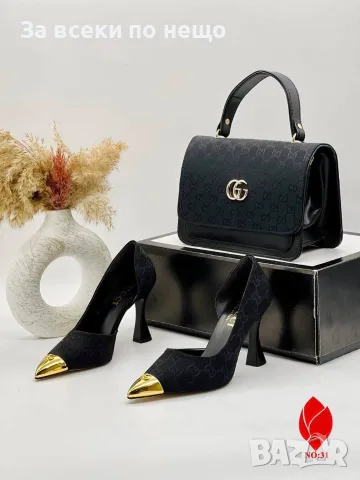 Gucci Дамски Елегантни Обувки С Ток Монограм Каишка И Метален Златен Връх - 2 Цвята Код SEM-719, снимка 7 - Дамски обувки на ток - 55972605