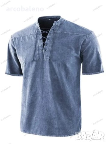 Ежедневна мъжка риза с къс ръкав и ретро тъкана яка с връзки, 8цвята , снимка 7 - Ризи - 40761078