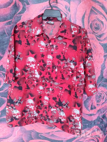 Червено-черна мъжка риза с черепи и къс ръкав ХЛ, снимка 1