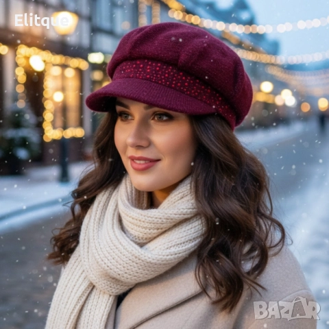 Дамска зимна плетена шапка с козирка и декоративни камъчета, снимка 4 - Шапки - 52672624