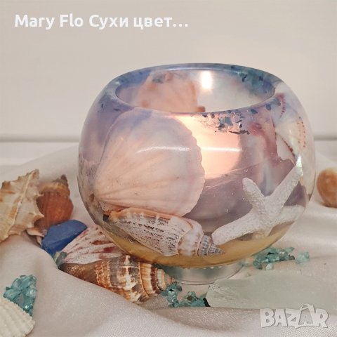 Морски шарм: Епоксидна смола и естествени морски елементи в свещник/кутийка за бижута, снимка 3 - Изкуствени цветя - 41469736