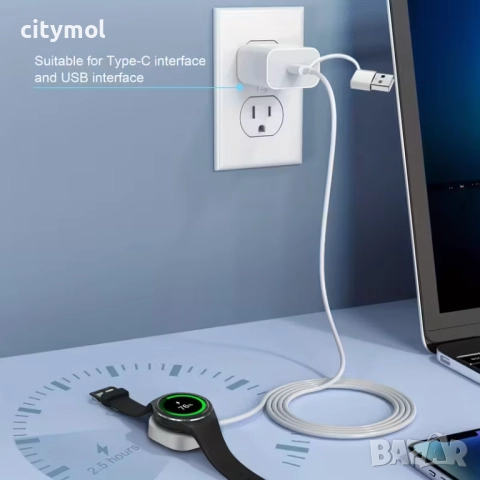 2 в 1 бързо безжично зарядно устройство за Samsung Galaxy Watch 7/6/5/4/3/2/Active, USB + TYPE C, снимка 4 - Смарт гривни - 52013207