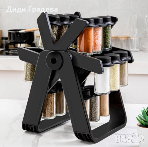 Стилен въртящ се органайзер за подправки,стъклени бурканчета,18 части