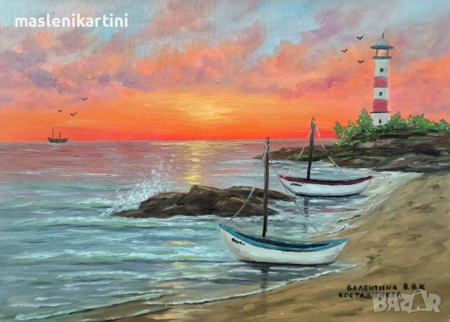 Морски залез и две лодки маслена картина , снимка 2 - Картини - 51533972