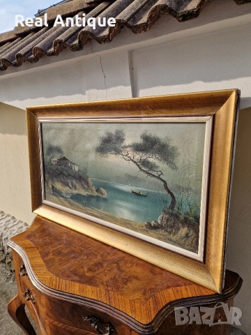 Чудесна антикварна авторска картина масло върху платно , снимка 6 - Картини - 52653467