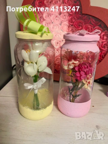 Ръчно изработени декоративни буркани с цветя и нежно осветление , снимка 2 - Декорация за дома - 53189772