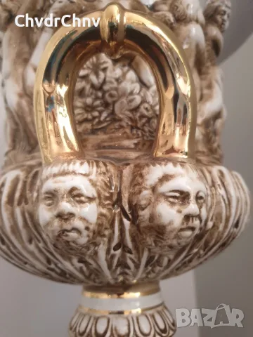 Capodimonte 39см-3кг/Каподимонте голяма стара фигурална италианска порцеланова ваза-урна с херувими, снимка 6 - Вази - 55970889