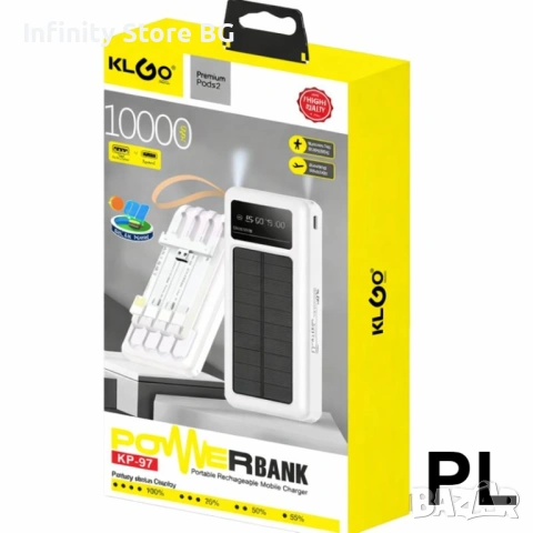 🔋☀️ Соларна батерия с LED дисплей KLGO KP-97 – 10 000 mAh с 4 вградени кабела ☀️🔋, снимка 3 - Външни батерии - 53465618