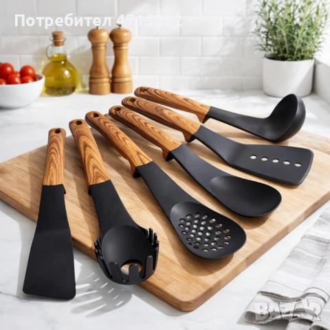 Комплект кухненски прибори 6 части с въртяща се стойка Cheffinger – дървесна визия, практичен и стил