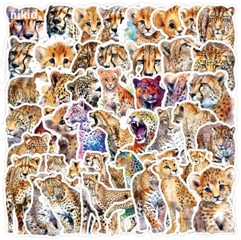 50 бр Леопард Пума Тигър  самозалепващи лепенки стикери за украса декор картонена торта и др