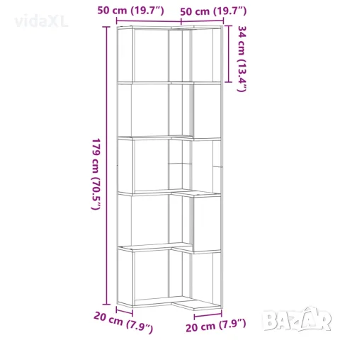 vidaXL Ъглова етажерка 5 нива старо дърво 50x50x179 см инженерно дърво, снимка 9 - Етажерки - 56148183