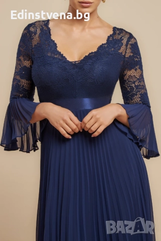 Дамска тъмносиня официална дълга рокля с дантела и плисе, снимка 3 - Рокли - 52391815