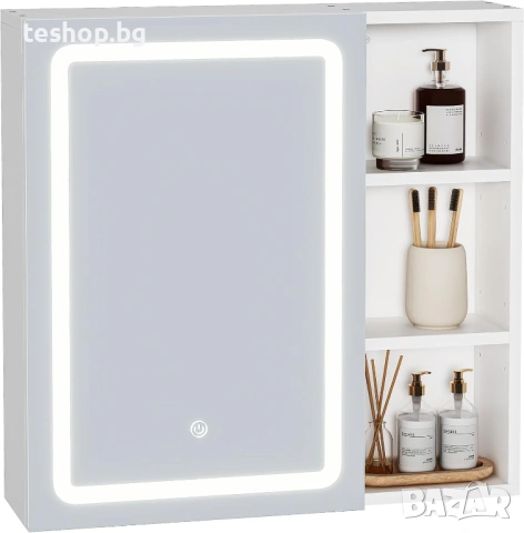 Огледален шкаф за баня с осветление и контакти, 2 открити рафта и с регулиращи се рафтове, снимка 2 - Шкафове - 53278413