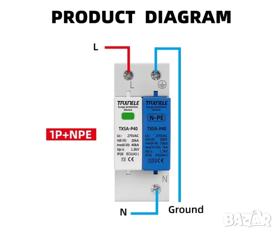 AC SPD 1P+NPE 275V 40kA T1+T2 защита от пренапрежение, снимка 13 - Друга електроника - 56005496