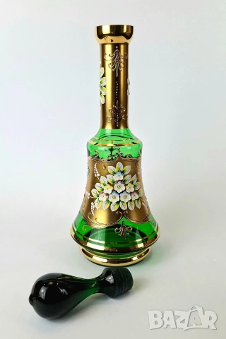 Винтидж комплект за ликьор от изумрудено зелено стъкло, снимка 4 - Сервизи - 53580898