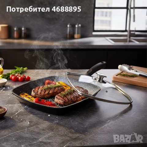 Грил тиган 28см с капак и мраморно покритие Cheffinger – за индукция, с противоплъзгаща дръжка, снимка 3 - Съдове за готвене - 53654483