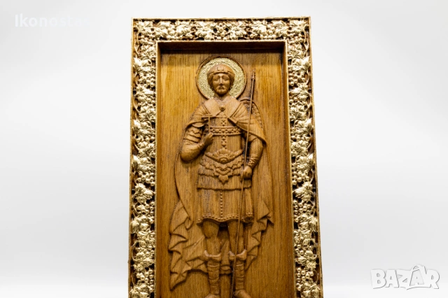 Позлатена дървена релефна икона на Свети Димитър, снимка 5 - Икони - 53224831