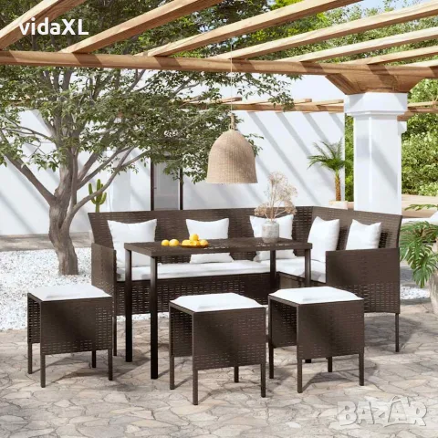 vidaXL Комплект Г-образно канапе с възглавници 5 части кафяв полиратан（SKU: 318577）, снимка 2 - Дивани и мека мебел - 56123380