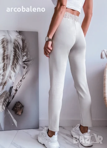 Вталени дамски памучни панталони с декоративна лента на талията, снимка 4 - Панталони - 51067990