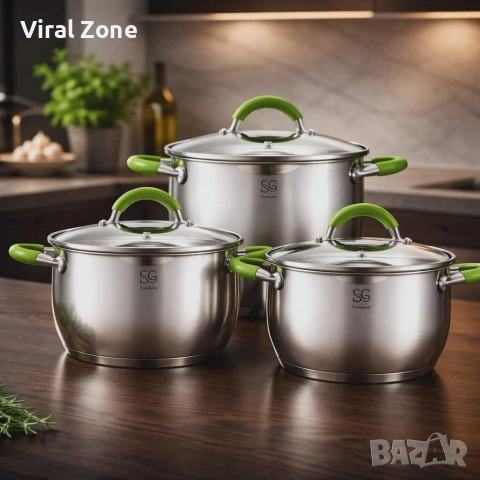 Комплект тенджери Swissgold Alana – 3 броя с капак от неръждаема стомана с 5-слойно капсулно дъно, снимка 2 - Съдове за готвене - 53265279