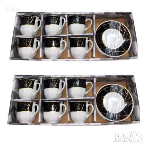 Комплект от 6 бр чаши и чинийки с мраморен ефект