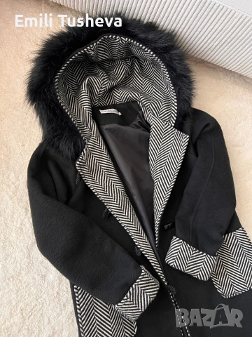 Дамско палто в черно и сиво с пух на качулката, снимка 8 - Палта, манта - 53309467