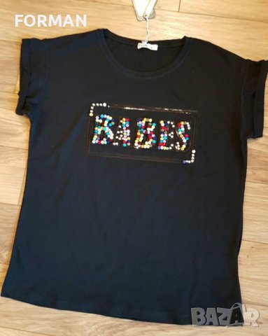 СТРАХОТНА черна тениска с надпис от разноцветни топченца, снимка 1 - Тениски - 41649642
