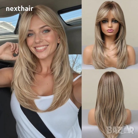 Тъмно руса перука с фини светли кичури и дълъг бретон