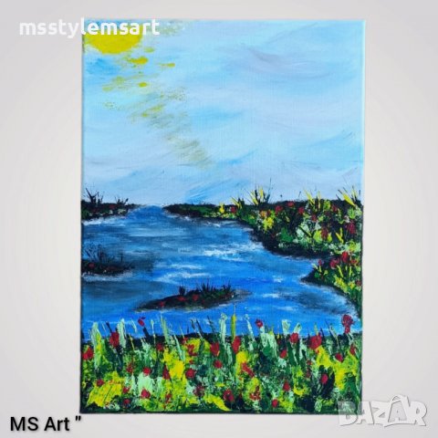 Цветя край езерото " Абстрактна картина 