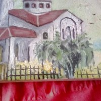 Църквата в Обеля маслена картина платно Аделин Василев , снимка 6 - Картини - 39166633
